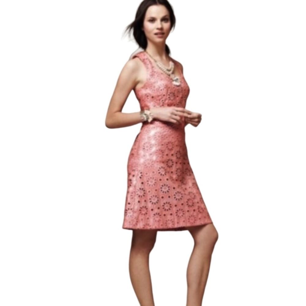 Anthropologie Maeve Efeey Shimmer Floral Eyelet Dress in Coral Size 6